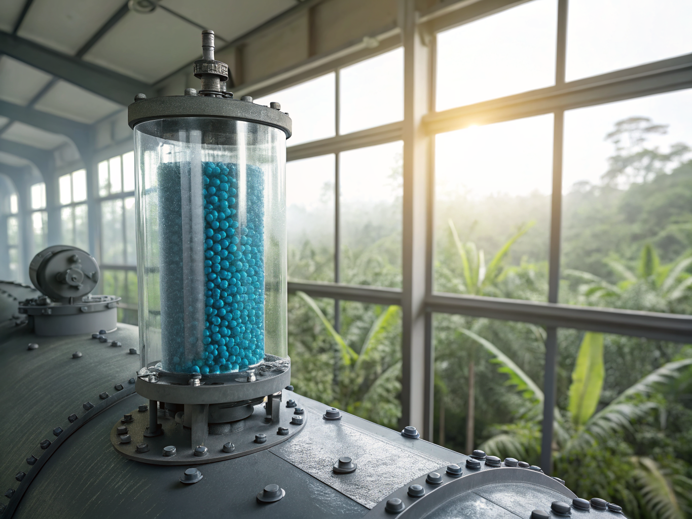 Comparison of clean hydraulic oil versus milky emulsified fluid caused by tropical water contamination.